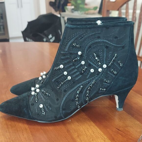 Sam Edelman Kami Black Mesh/Suede Kitten Heel Bootie Pearl Stud Embellished Sz 7 - Picture 4 of 16